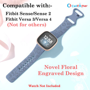 Shop Floral Engraved Strap For Fitbit Sense Versa 4 Band (Dark Grey)